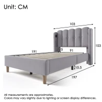Upholstered Single Bed with USB & Type-C Charging Ports, Teenager Bed for Bedroom & Guest Room, 197L x 103W x 103H cm, Grey(m-3)