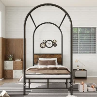 Metal Canopy Bed Frame with Durable Iron and MDF Construction, Wood Headboard, Easy Self-Installation, 195L x 90.5W x 192H cm, Black(m-8)