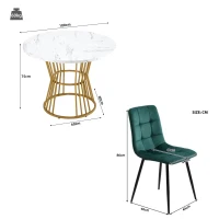Round Dining Table Set with 4 Velvet Chairs, Marble Pattern MDF Top and Golden Metal Legs, Easy Assembly, 1100L x 100W x 75H cm, White+Green(m-3)
