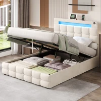 LED Double Upholstered Bed Frame with Charging Station, Adjustable Headboard, Velvet Hydraulic Storage Bed, 202.5L x 142W x 108H cm, Beige(m-1)