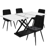 Extendable Dining Table Set with 4 Velvet Chairs, Marble Table, Stylish and Modern Design for Kitchen, 160L x 80W x 75H cm, White+Black(m-2)