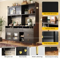 Multi-purpose Storage Cabinet with Changhong Glass Door, Wine Glass Holder, Multi-layered Storage Space, 145L x 39W x 171H cm, Black(m-5)