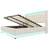 Upholstered Double Ottoman Bed with 360 Surround LED, USB Charging Port, Hydraulic Storage Bed Frame, 206L x 148W x 104H cm, White(m-18)