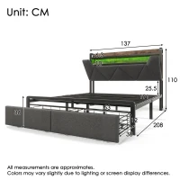 Upholstered Double Bed with LED Lighting, USB Type-C Charging, Bed Frame with Storage Headboard, Drawers, 208L x 137W x 110H cm, Grey(m-3)