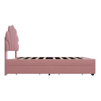 Single Upholstered Bed with Adjustable Petal Headboard, Solid Wood Slat, Velvet Bed Frame with Storage Drawers, 194L x 107W x 106H cm, Pink(m-13)