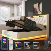 Upholstered Double Ottoman Bed with 360 Surround LED, USB Charging Port, Hydraulic Storage Bed Frame, 206L x 148W x 104H cm, White(m-5)