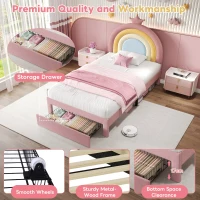 3FT Upholstered Bed with Adjustable Rainbow Headboard, Velvet Frame, Single Bed Frame with Storage Drawer, 194L x 94W x 128H cm, Pink(m-4)