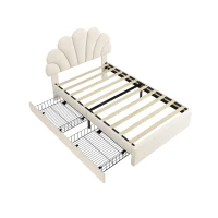 Single Upholstered Bed with 2 Storage Drawers, Adjustable Petal Headboard, Velvet Bed Frame with Wood Slat, 194L x 107W x 106H cm, Beige(m-11)