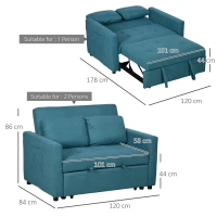 HOMCOM Loveseat Sofa Bed, Convertible Bed Settee with 2 Cushions, Side Pockets for Living Room, Blue(m-3)