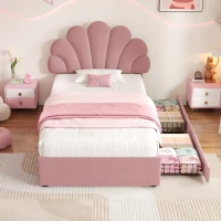 Single Upholstered Bed with Adjustable Petal Headboard, Solid Wood Slat, Velvet Bed Frame with Storage Drawers, 194L x 107W x 106H cm, Pink(m-7)