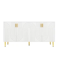 Wave Design Sideboard with Golden Handles and Feet, Elegant Storage Cabinet with 4 Doors and 2 Drawers, 152L x 40W x 75H cm, White(m-2)