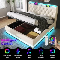 Upholstered Double Ottoman Bed with 360 Surround LED, USB Charging Port, Hydraulic Storage Bed Frame, 206L x 148W x 104H cm, White(m-4)