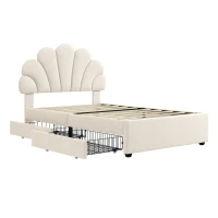 Single Upholstered Bed with 2 Storage Drawers, Adjustable Petal Headboard, Velvet Bed Frame with Wood Slat, 194L x 107W x 106H cm, Beige(m-12)