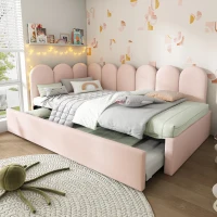 Upholstered Daybed with Pull-Out Bed, 3FT Single Sofa Bed with Metal Slatted Frame, Easy Installation, 193L x 97W x 76H cm, Pink(m-1)