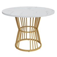 Round Dining Table Set with 4 Velvet Chairs, Marble Pattern MDF Top and Golden Metal Legs, Easy Assembly, 1100L x 100W x 75H cm, White+Green(m-14)