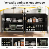 Wave Design Sideboard with Golden Handles and Feet, Multifunctional Storage Cabinet, Easy Maintenance, 152L x 40W x 75H cm, Black(m-4)