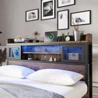 Metal Double Bed with LED Light Strip, 2 Drawers and USB Charging Ports, Sturdy Iron Frame, 207L x 135.5W x 83.5H cm, Black(m-7)