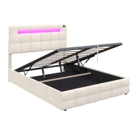 LED Double Upholstered Bed Frame with Charging Station, Adjustable Headboard, Velvet Hydraulic Storage Bed, 202.5L x 142W x 108H cm, Beige(m-14)