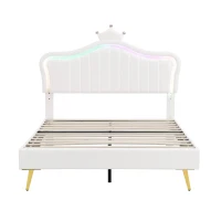 Double Upholstered Bed with Adjustable Crown Headboard, LED Bed Frame with Metal-Wood Support, 194L x 147W x 129H cm, Cream White(m-2)