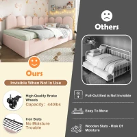 Upholstered Daybed with Pull-Out Bed, 3FT Single Sofa Bed with Metal Slatted Frame, Easy Installation, 193L x 97W x 76H cm, Pink(m-6)