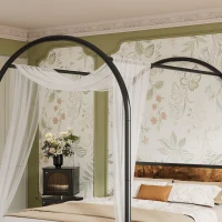 Metal Canopy Bed Frame with Durable Iron and MDF Construction, Wood Headboard, Easy Self-Installation, 195L x 90.5W x 192H cm, Black(m-10)