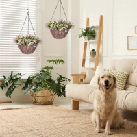 HOMCOM Artificial Flowers in Basket Set of 2, Artificial Hanging Baskets with 75 Leaves and 15 Flowers in Pot, Decorative Plant for Home Office Decor, Purple(m-7)