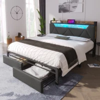 Upholstered Double Bed with LED Lighting, USB Type-C Charging, Bed Frame with Storage Headboard, Drawers, 208L x 137W x 110H cm, Grey(m-8)