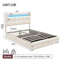 LED Double Upholstered Bed Frame with Charging Station, Adjustable Headboard, Velvet Hydraulic Storage Bed, 202.5L x 142W x 108H cm, Beige(m-3)