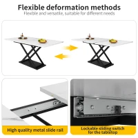 Telescopic Dining Table with Extendable MDF Top and Crossed Iron Legs, Space-Saving Design for Kitchen, 120L x 80W x 75H cm, White+Black(m-6)