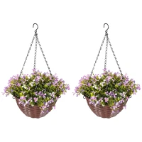 HOMCOM Artificial Flowers in Basket Set of 2, Artificial Hanging Baskets with 75 Leaves and 15 Flowers in Pot, Decorative Plant for Home Office Decor, Purple(m-11)