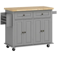 HOMCOM Rolling Kitchen Island Storage Trolley with Rubber Wood Top & Drawers for Dining Room, Grey(m-1)