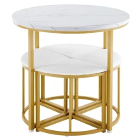 Dining Table Set with 4 Velvet Chairs, Space-Saving Design, MDF Top and Gold-Plated Iron Frame, Easy assembly, 80L x 80W x 75H cm, White+Gold(m-12)
