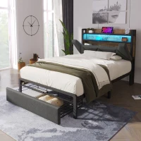 Upholstered Single Bed with LED Lighting, USB Type-C Charging, Storage Headboard and Drawers, 3ft Single Bed, 208L x 92W x 110H cm, Grey(m-1)