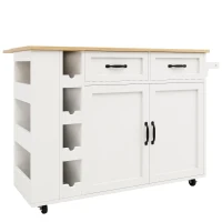 Kitchen Island Trolley with Power Strip, Folding Design and Wine Rack, Space-Saving Design for Kitchen, 131.5L x 76W x 91H cm, White+Natural(m-2)