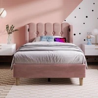 Upholstered Single Bed with USB and Type-C Charging Ports, Velvet Bed Frame with Wooden Slats for Teen Bedroom, 197L x 103W x 103H cm, Pink(m-7)