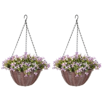 HOMCOM Artificial Flowers in Basket Set of 2, Artificial Hanging Baskets with 75 Leaves and 15 Flowers in Pot, Decorative Plant for Home Office Decor, Purple