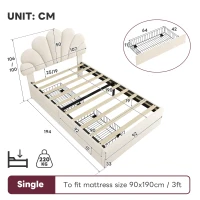 Single Upholstered Bed with 2 Storage Drawers, Adjustable Petal Headboard, Velvet Bed Frame with Wood Slat, 194L x 107W x 106H cm, Beige(m-3)