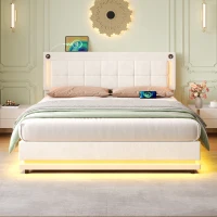 King Size LED Hydraulic Bed with Charging Station, Adjustable Tufted Headboard, Space-Saving Design for Bedroom, 206L x 151W x 105H cm, Beige(m-8)
