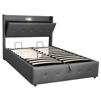 King Upholstered Bed Frame with Hydraulic Storage, LED Light, PU Leather Ottoman Bed with Charging Station, 217L x 152W x 115H cm, Grey(m-13)