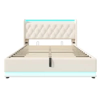 Upholstered Double Ottoman Bed with 360 Surround LED, USB Charging Port, Hydraulic Storage Bed Frame, 206L x 148W x 104H cm, White(m-2)