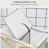 HOMCOM Portabiancheria a 2 Cesti con Coperchio in Bambù e Poliestere, 55x40x62 cm, Grigio e color Legno(m-5)