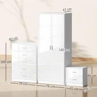 HOMCOM High Gloss 3 Piece Trio Bedroom Furniture Set Wardrobe + Chest Of Drawer + Bedside White(m-3)