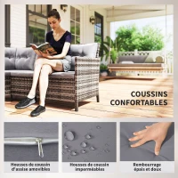 Outsunny Ensemble salon de jardin 8 personnes grand confort 3 canapés d'angle + 2 poufs + table à manger 12 coussins assise & dossier fournis polyester écru résine tressée gris(m-6)