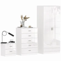 HOMCOM High Gloss 3 Piece Trio Bedroom Furniture Set Wardrobe + Chest Of Drawer + Bedside White(m-10)