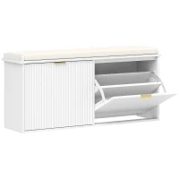 HOMCOM Banco Sapateira Móvel Sapateira Estreito com Assento Estofado 2 Caixas Rebatível e Painel de Ripas 104x26x47,5 cm Branco(m-1)