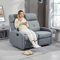 HOMCOM Sofá de 2 Plazas Reclinable Manual Tapizado en Lino con Reposapiés y Acolchado Grueso 118x95x101 cm Gris(m-2)