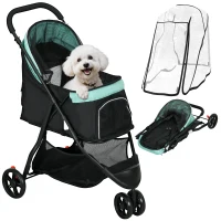 PawHut Carrito para Perros Pequeños con Cesta de Almacenaje Cubierta para Lluvia y Ventana de Malla 80,5x51,5x100 cm Verde(m-10)