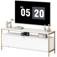 HOMCOM Mueble TV mueble televisión para televisores hasta 55 pulgadas con 2 puertas abatibles y estante abierto 124x35x50 cm Blanco(m-7)