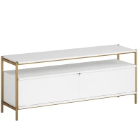 HOMCOM Meuble TV meuble télé pour téléviseur jusqu'à 55 pouces avec 2 portes rabattables et étagère ouverte, 124x35x50cm, blanc(m-11)