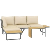 Outsunny Conjunto de Sofás de Exterior Modular de Acero y Madera de Acacia con Mesa Auxiliar y Cojines Extraíbles(m-1)